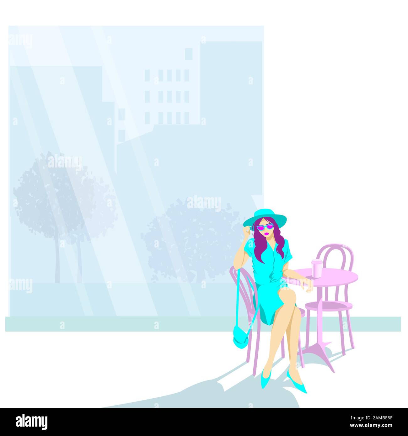 A girl sits at a table in a street cafe. Reflection of houses and trees in a glass of showcase. Copy space.Vector illustration. Stock Vector
