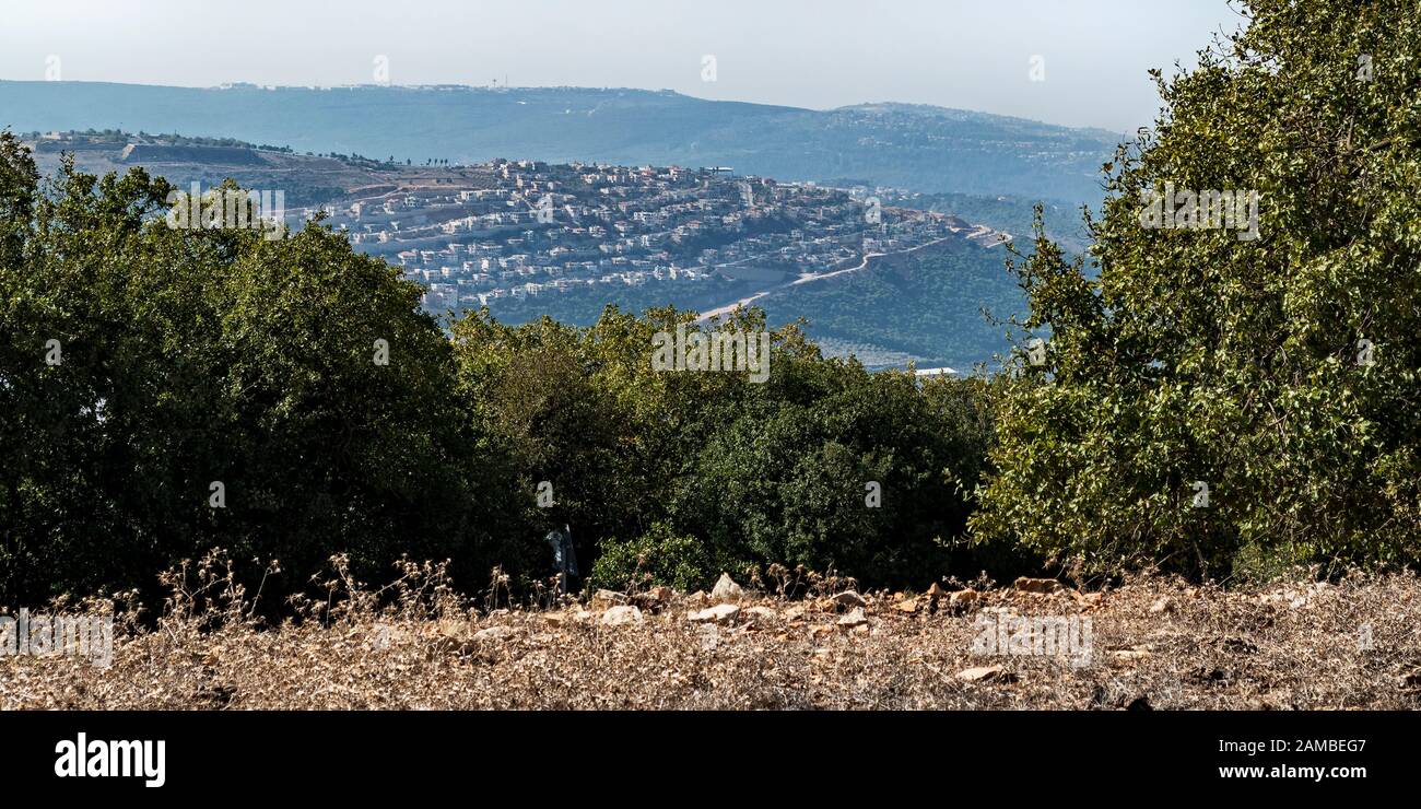 panorama of kibbutz sasa and surrounding forest and fields as seen through the lush green trees on adir mountain in the upper galilee in Israel Stock Photo