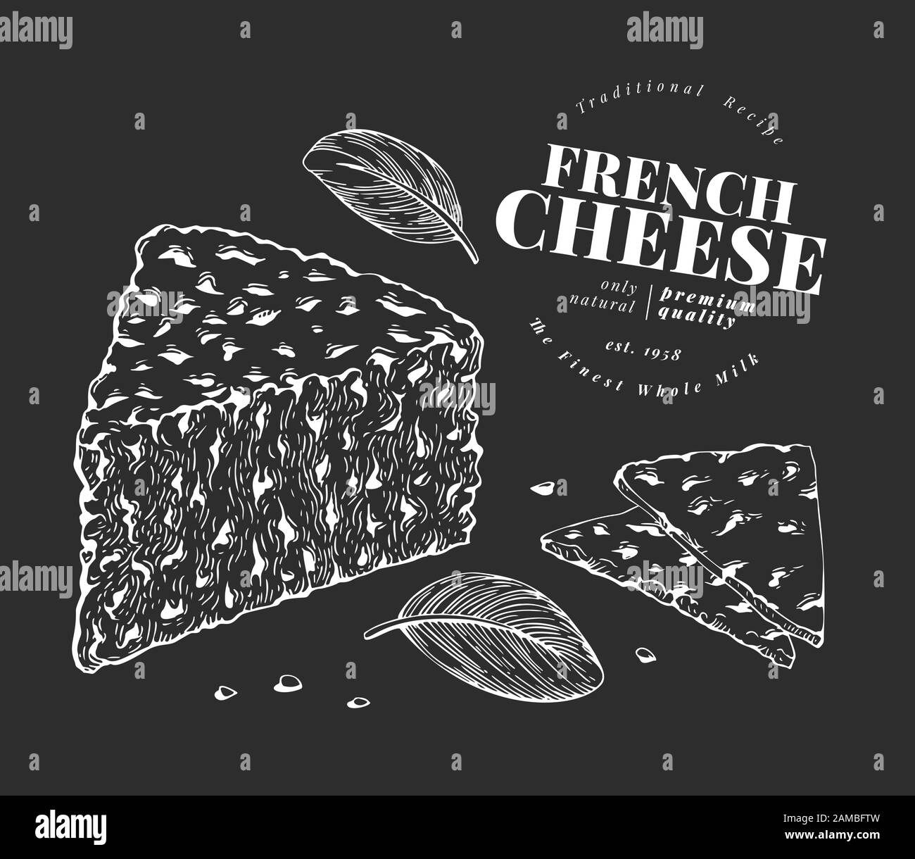 French cheese illustration. Hand drawn vector blue cheese illustration on chalk board. Engraved style gorgonzola. Retro roquefort cheese illustration. Stock Vector