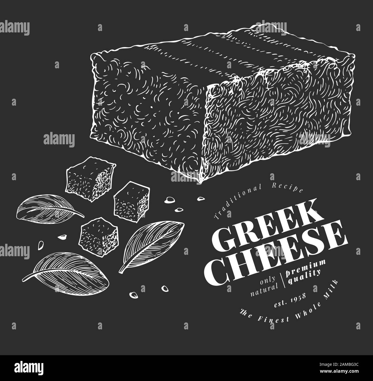 Greek cheese illustration. Hand drawn vector dairy illustration on