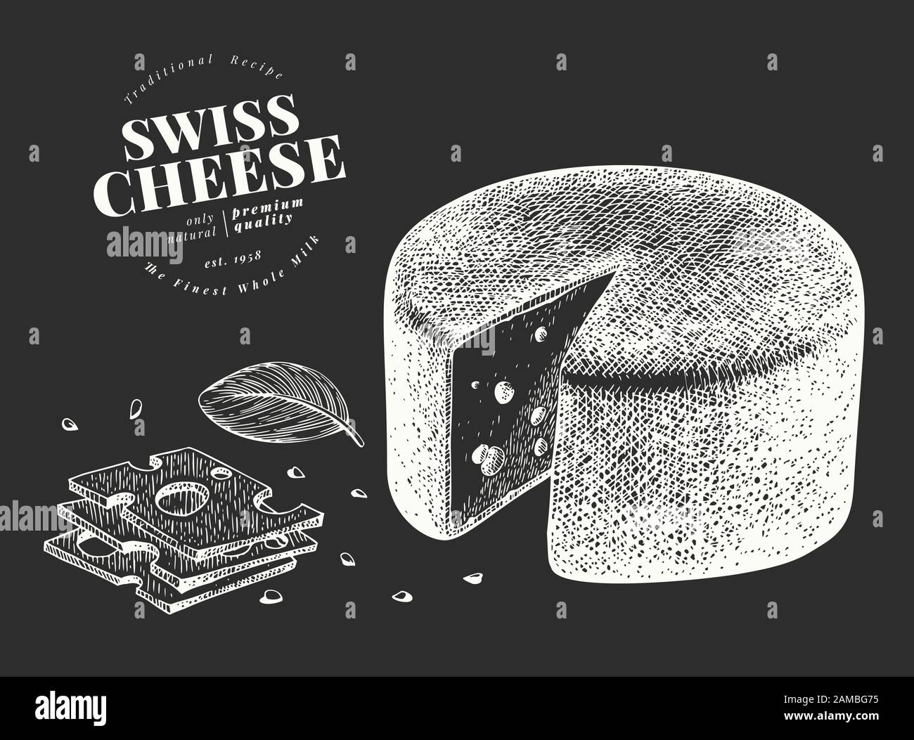 Swiss cheese illustration. Hand drawn vector dairy illustration on