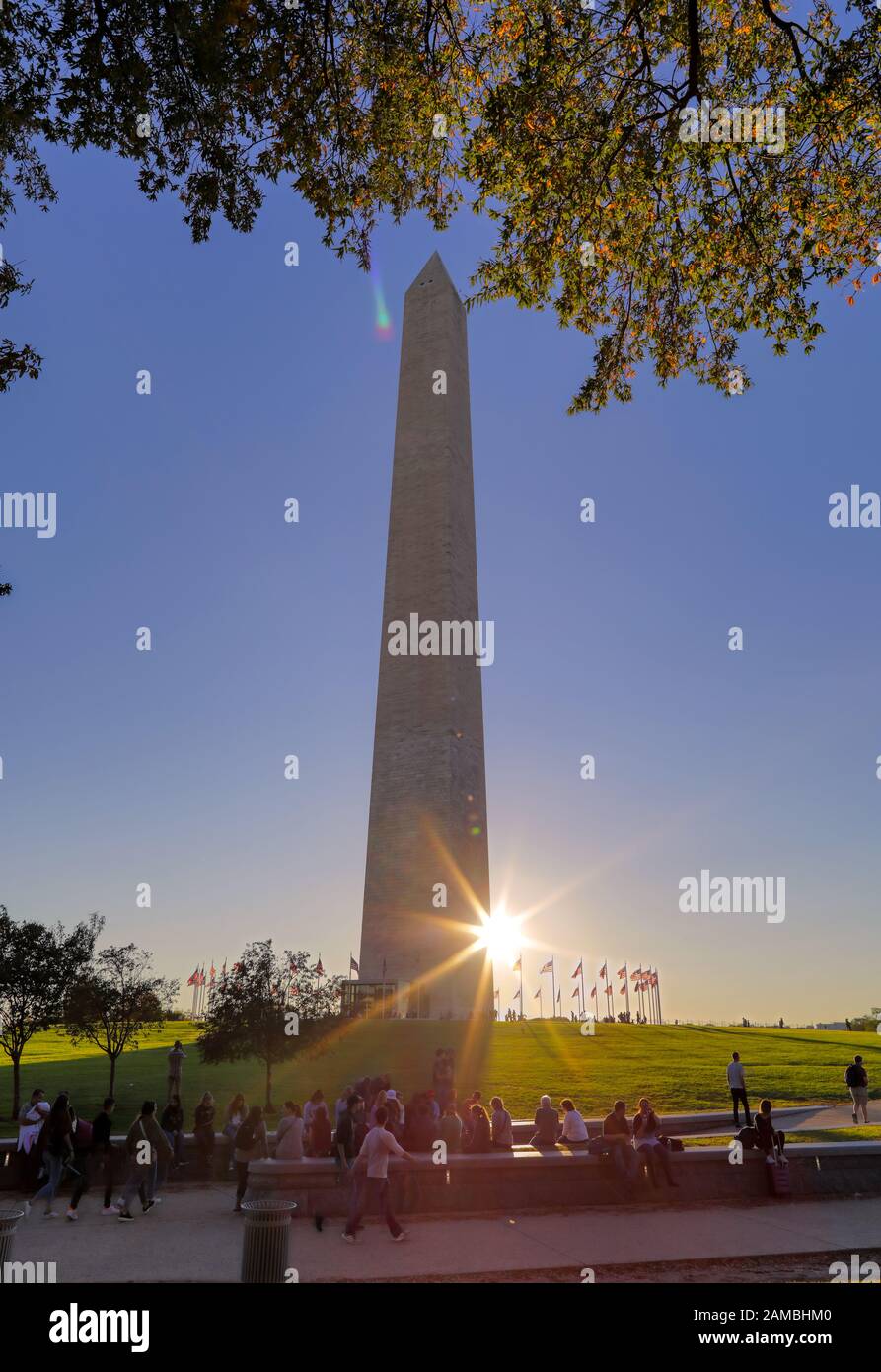 Washington D.C. - October 27, 2019 - The Washington Monument on the National Mall in Washington, DC on a fall evening. Stock Photo