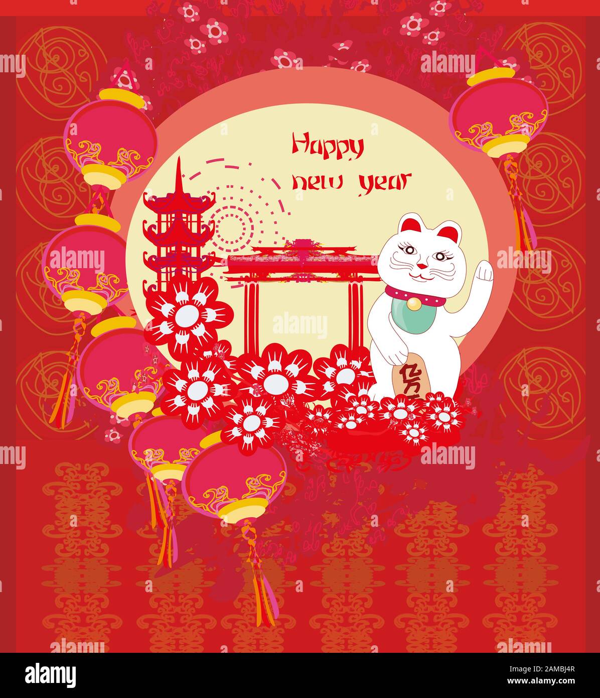 Mid Autumn Festival For Chinese New Year Card With Maneki Neko Cat Wishing Good Luck Stock Photo Alamy