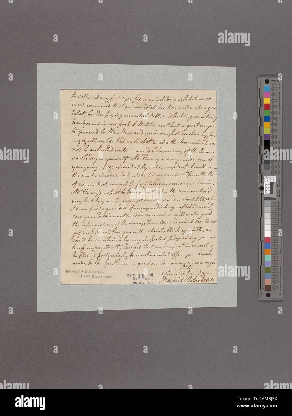 Roberdeau, Daniel Philadelphia To Nathaniel Owings  Digitization was made possible by a lead gift from The Polonsky Foundation.; Roberdeau, Daniel. Philadelphia. To Nathaniel Owings Stock Photo