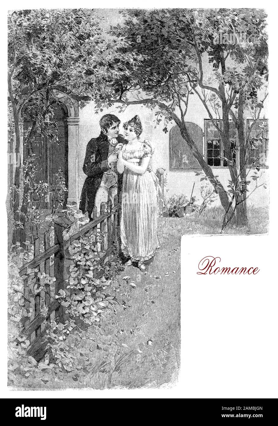 German satirical magazine, romance in the garden: young gentleman courts an inexperienced and cute girl away from prying eyes Stock Photo