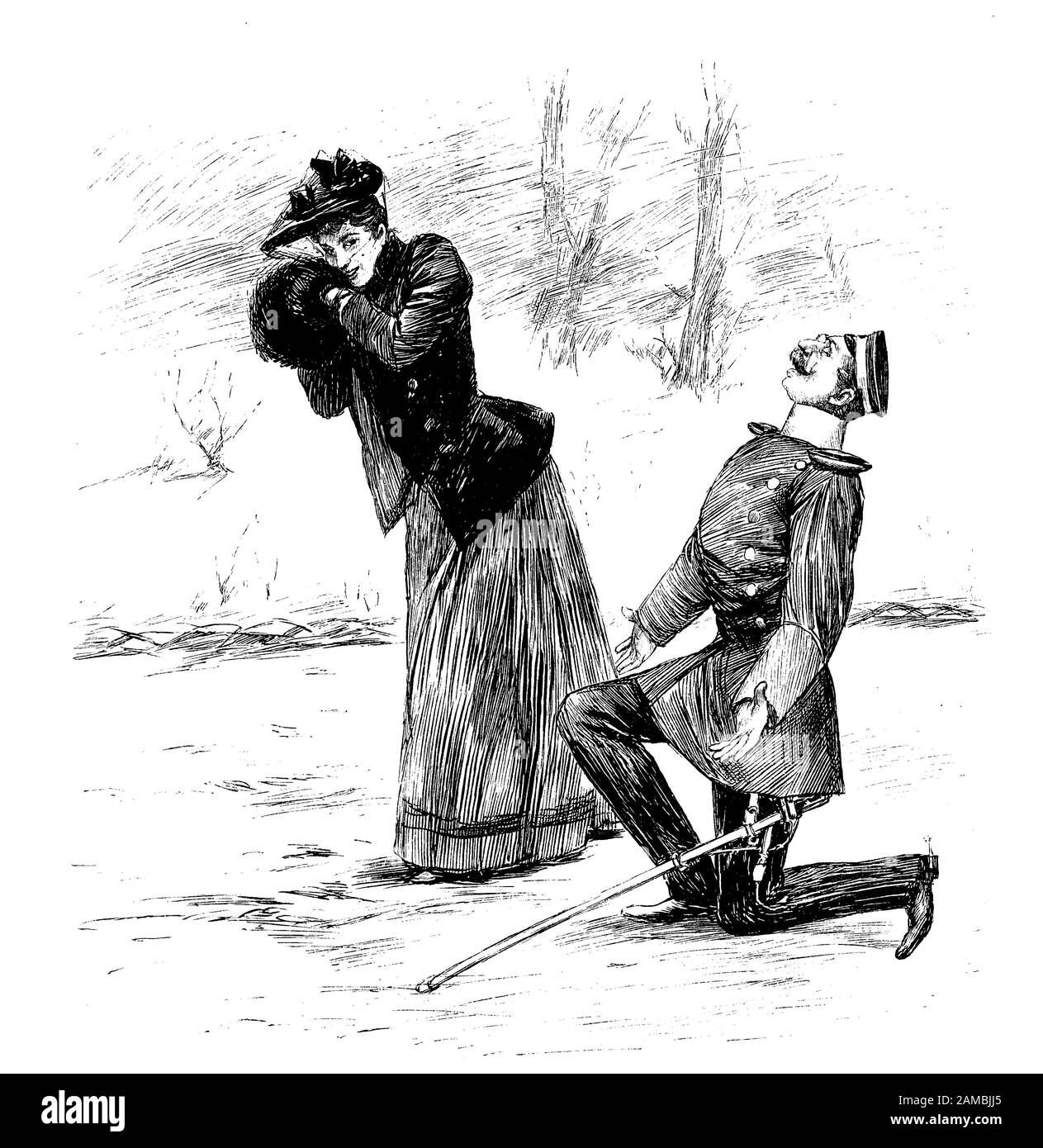 German satirical magazine unrequited love: a dapper officer with elegant uniform, monocle and sword declares his love kneeling outdoor in front of a young woman, who embarassed hides her faces laughing Stock Photo