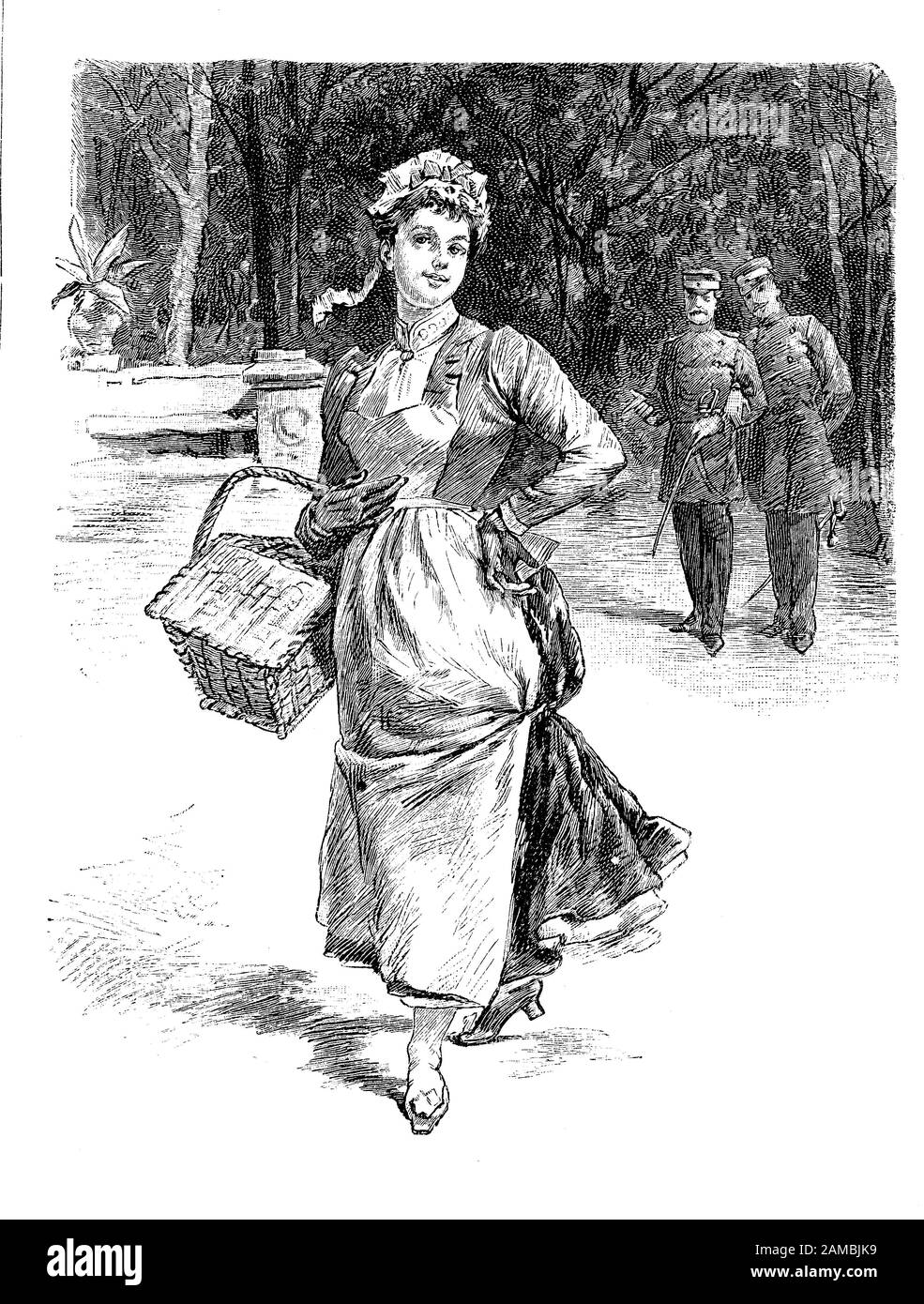 German satirical magazine, humor and caricatures: two proud officers with elegant uniforms and waxed moustaches look appreciatively at  a young and chipper maid walking conscious in the park Stock Photo