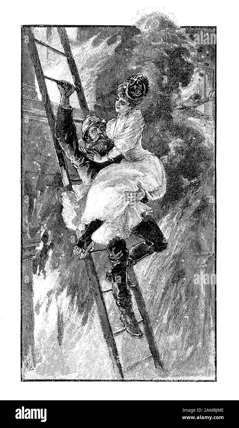 German satirical magazine: elegant woman with fancy dress and fashionable hat flirts with the fireman carrying her in his arm on the rescue ladder away from the burning house Stock Photo