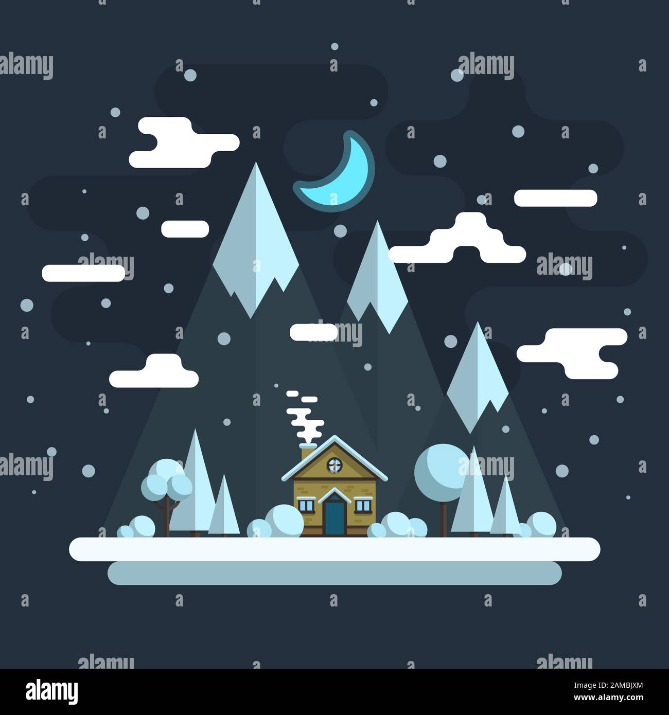Winter night landscape. Houses on a background of mountains. Vector flat illustration. Stock Vector