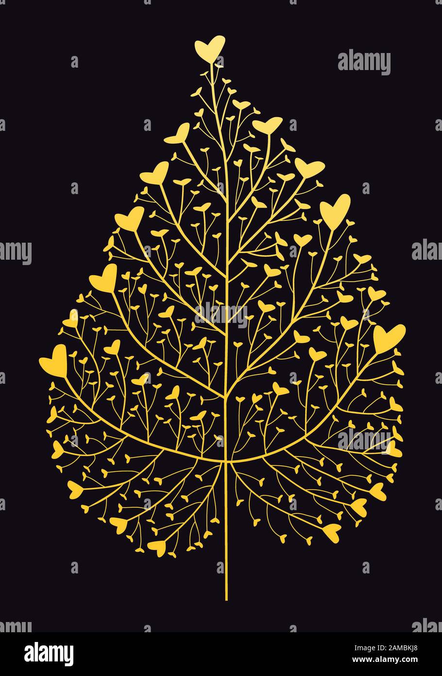 Gold heart leaf tree, hand drawn vector illustration for Valentine's day, Mother's day and love cards Stock Vector