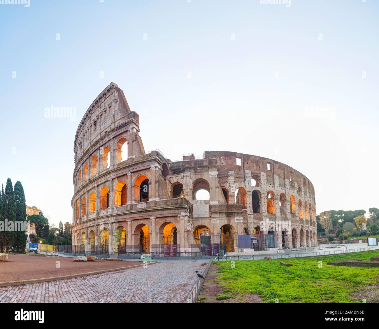 The Colosseum or Flavian Amphitheatre in Rome, Italy at sunrise Stock Photo