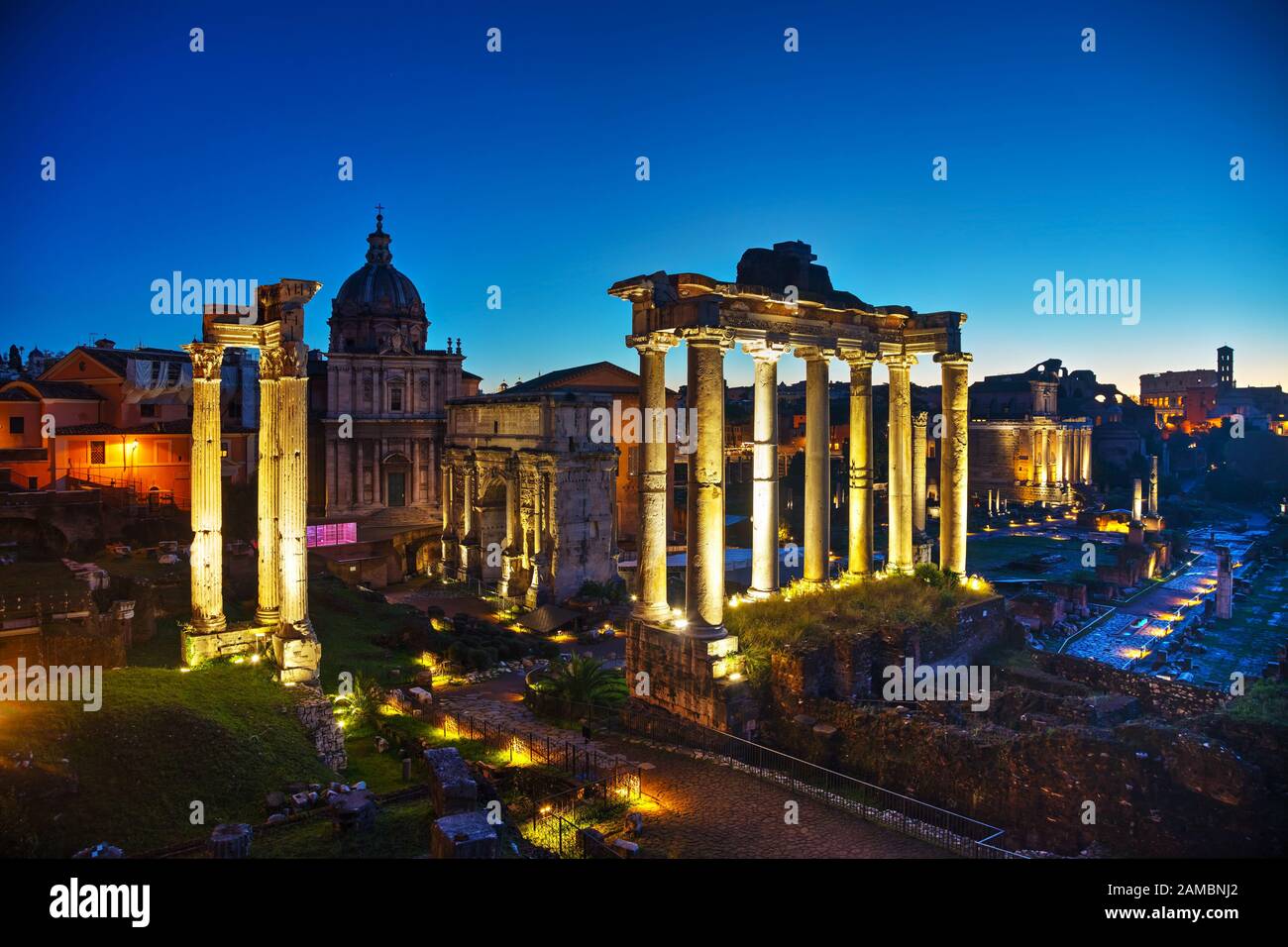 Roman forum ruins at the night time in Rome, Italy Stock Photo