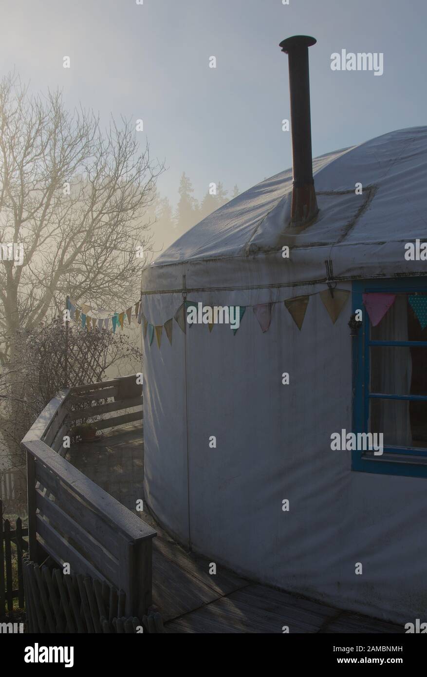 Tiny house in Yurt style for alternative living with a terrace view Stock Photo