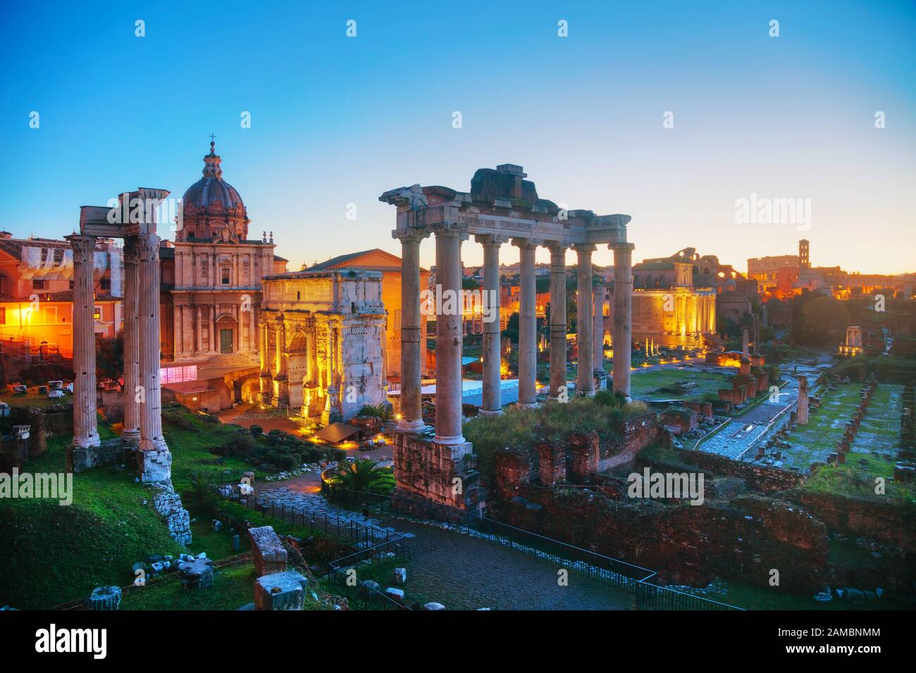 Roman forum ruins at the night time in Rome, Italy Stock Photo