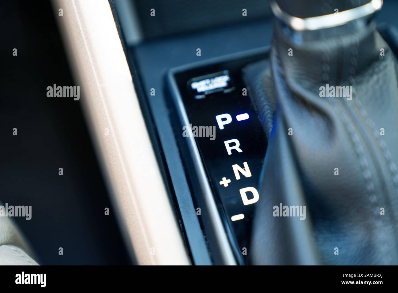 The accelerator handle with automatic transmission gear of car, car interior, close-up Stock Photo