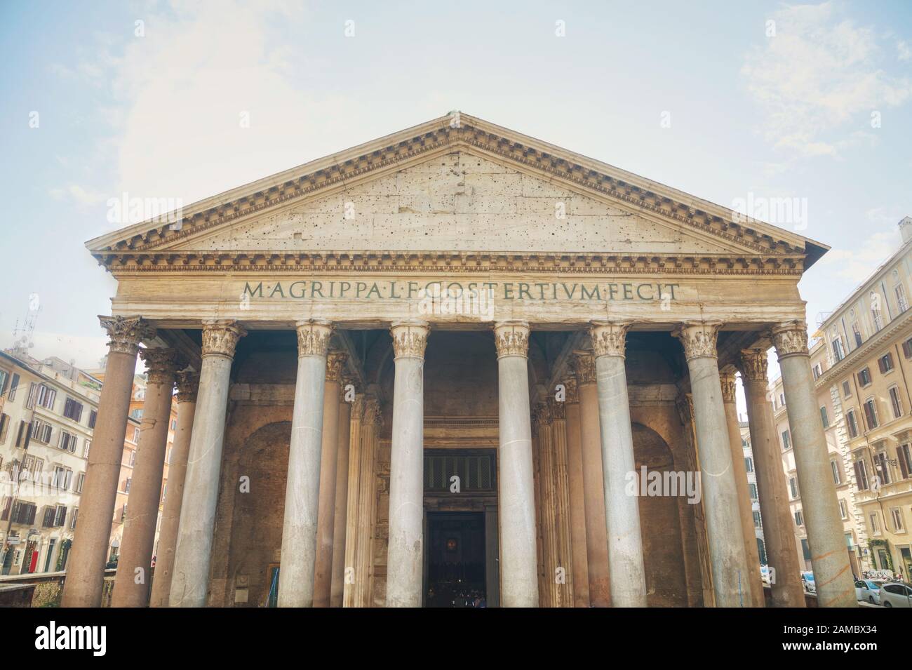 Pantheon facade close up at the Piazza della Rotonda in Rome, Italy Stock Photo