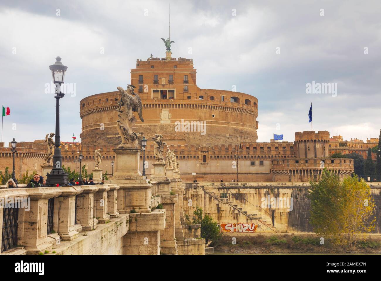 ROME - DECEMBER 12: The Mausoleum of Hadrian (Castel and Ponte Sant'Angelo) with people on December 12, 2019 in Rome, Italy. Stock Photo