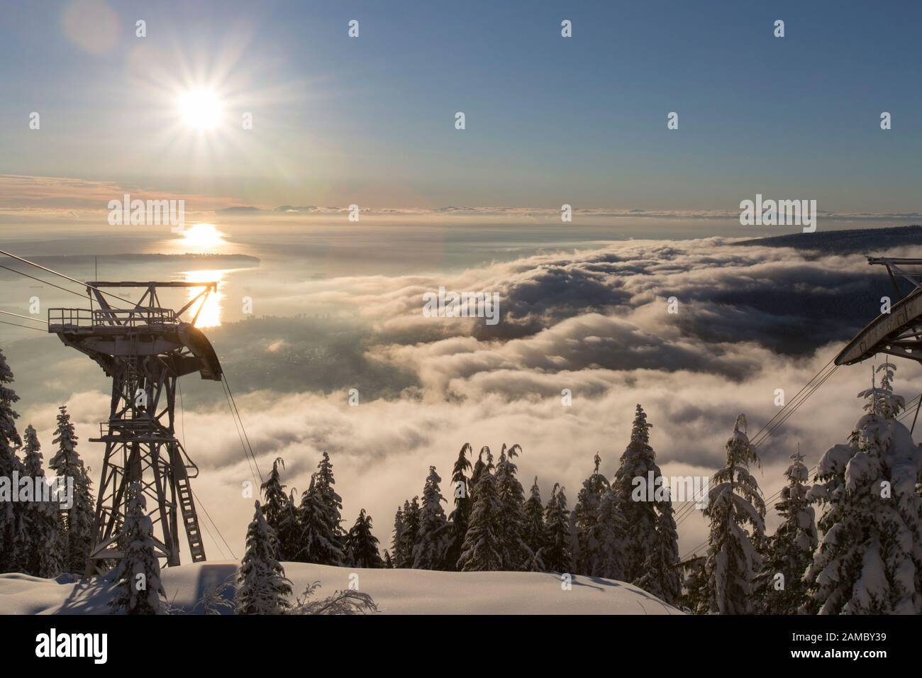 Looking over Vancouver from Grouse Mountain Ski Resort Stock Photo