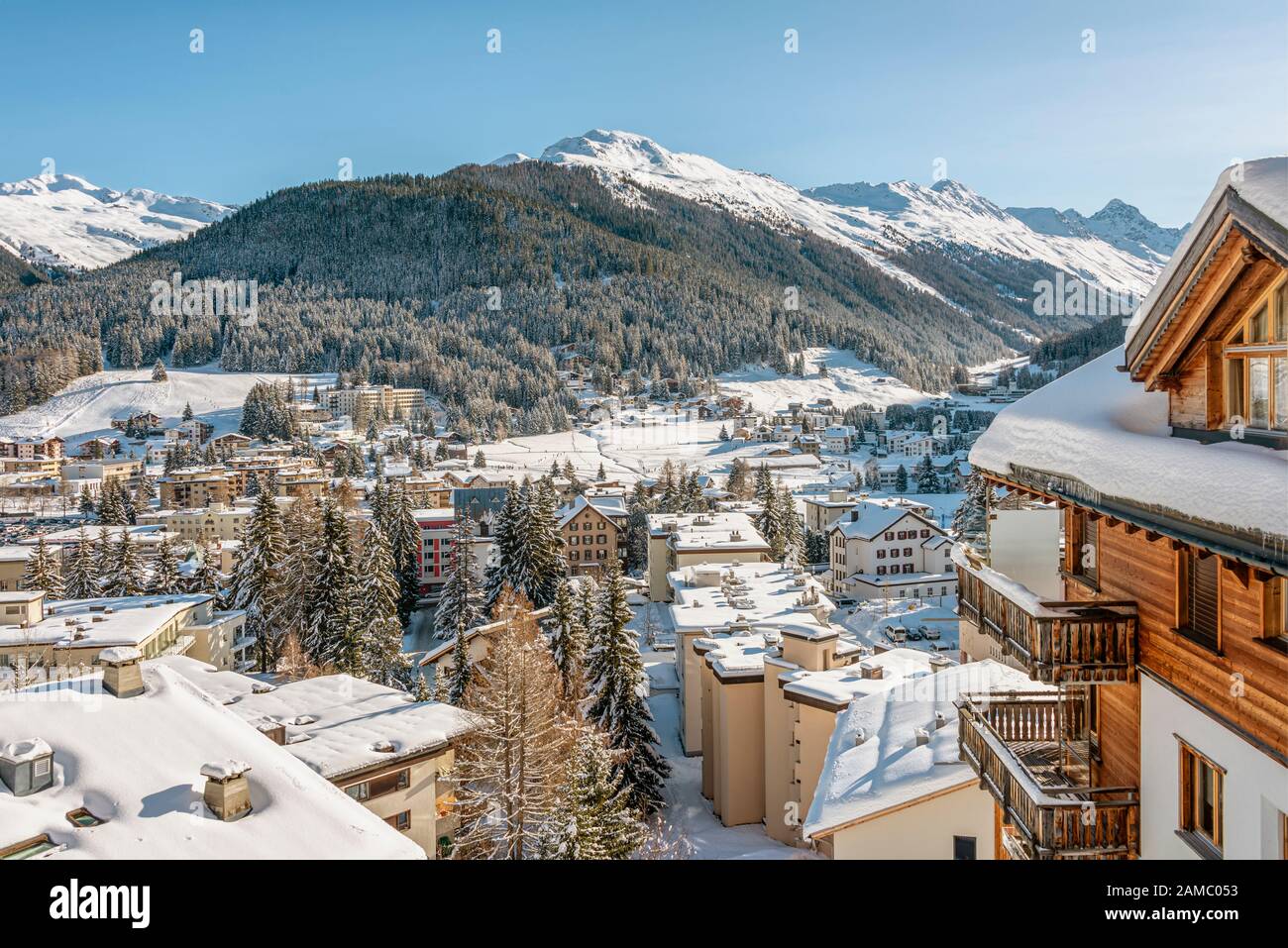 City view of Davos Dorf in Winter, Grisons, Switzerland Stock Photo