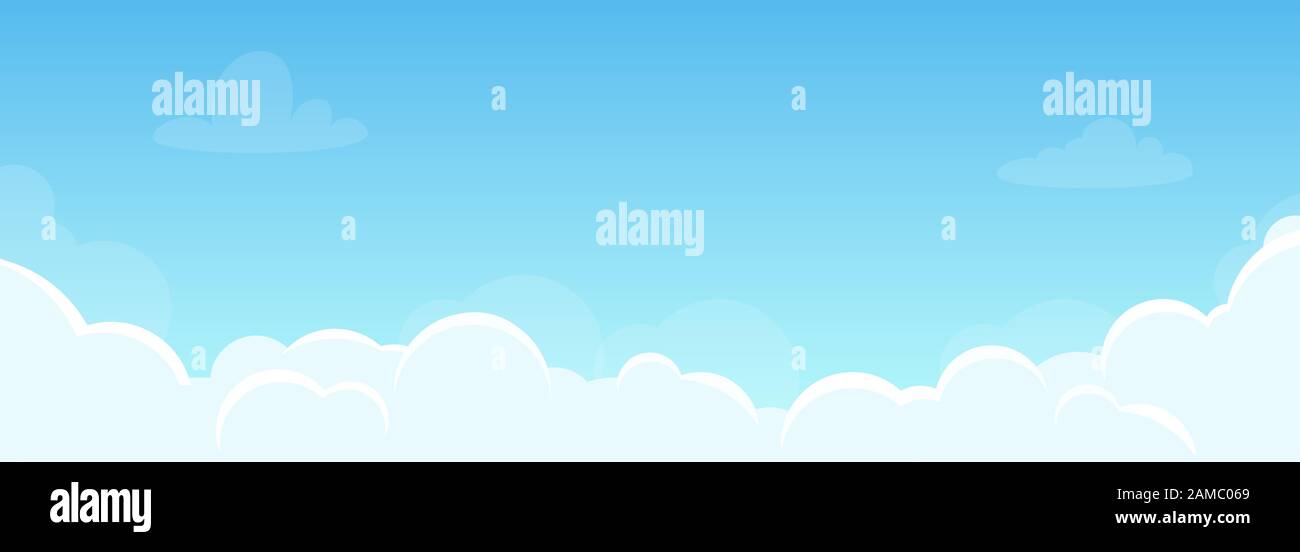 Background with sky and beautiful clouds. Illustration for flyer, banner in horizontal orientation. Good weather, clear sky. Vector, flat style Stock Vector