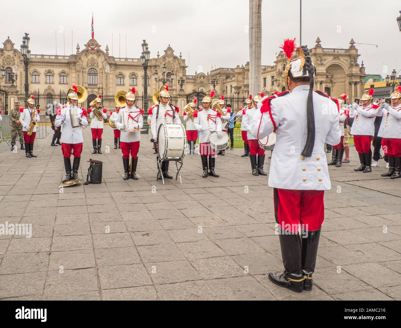 Lima, Peru - December 12, 2019: Guards of the Presidential Palace are giving a concert on the Plaza de Armas before changing of the guards ceremony. S Stock Photo