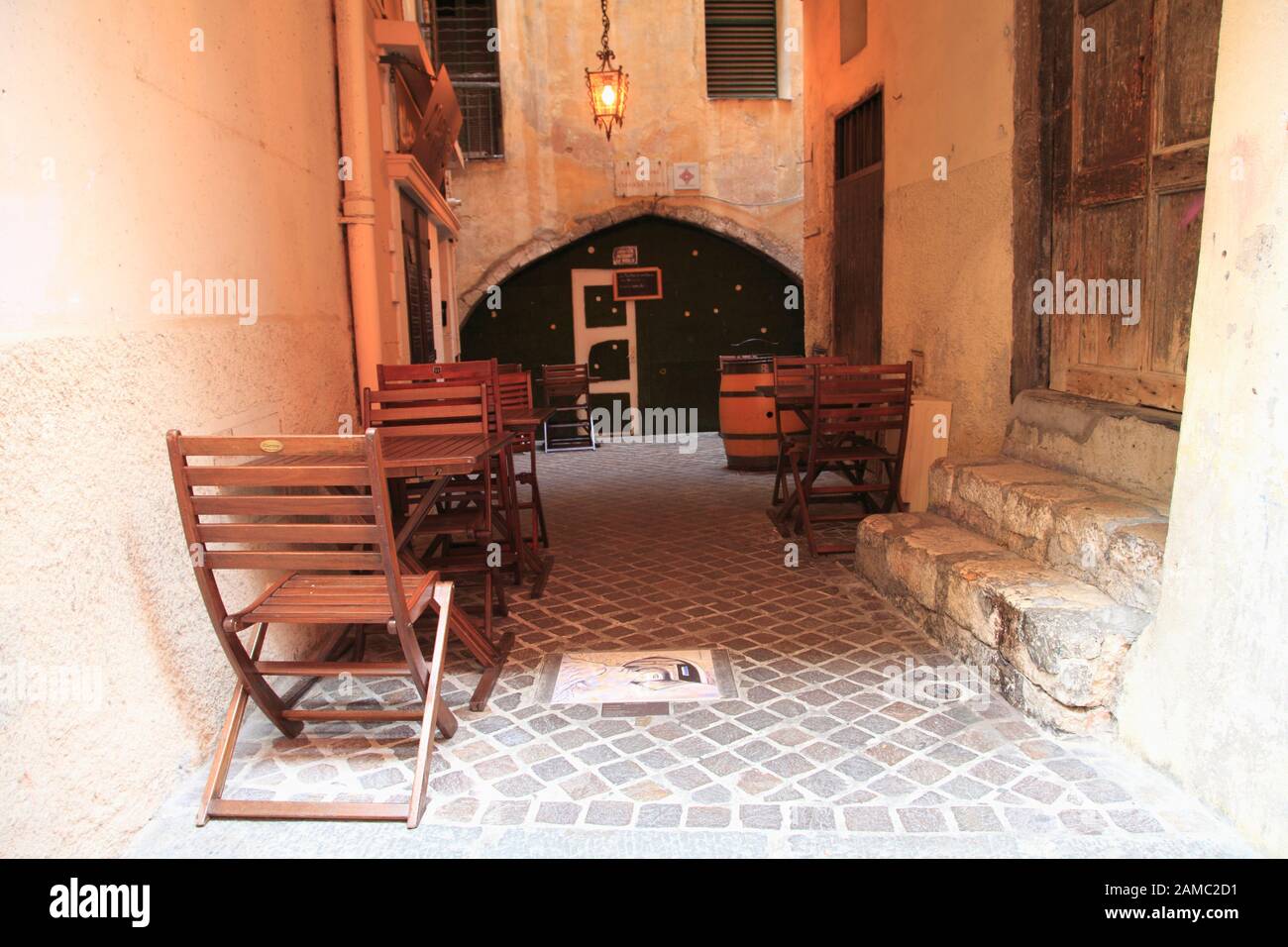 Cafe, Rue Obscure, Dark Passage, 13th Century, Villefranche sur Mer, Cote d Azur, French Riviera, Provence, France, Europe Stock Photo