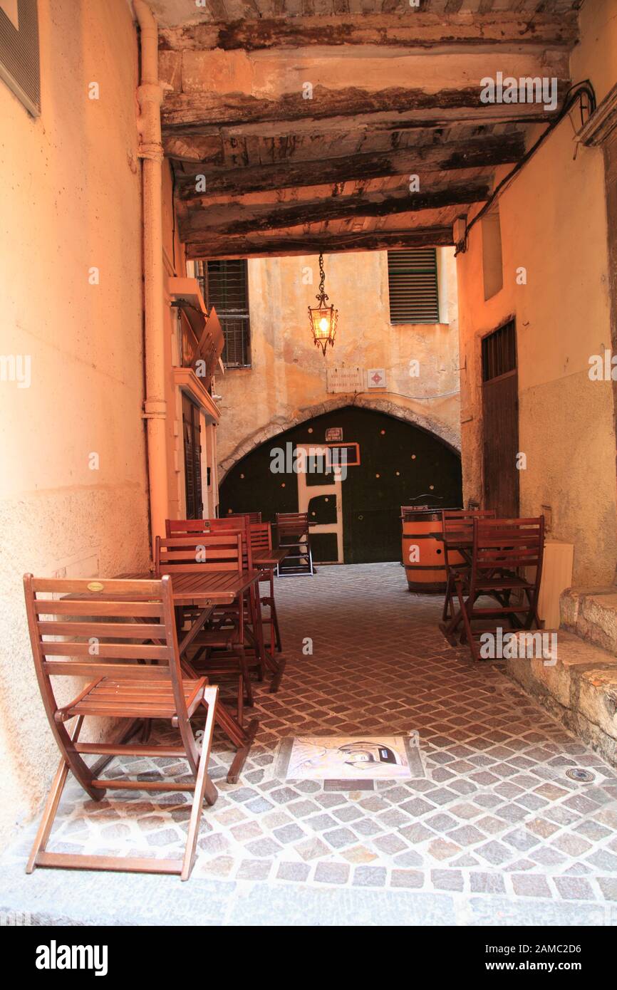 Cafe, Rue Obscure, Dark Passage, 13th Century, Villefranche sur Mer, Cote d Azur, French Riviera, Provence, France, Europe Stock Photo
