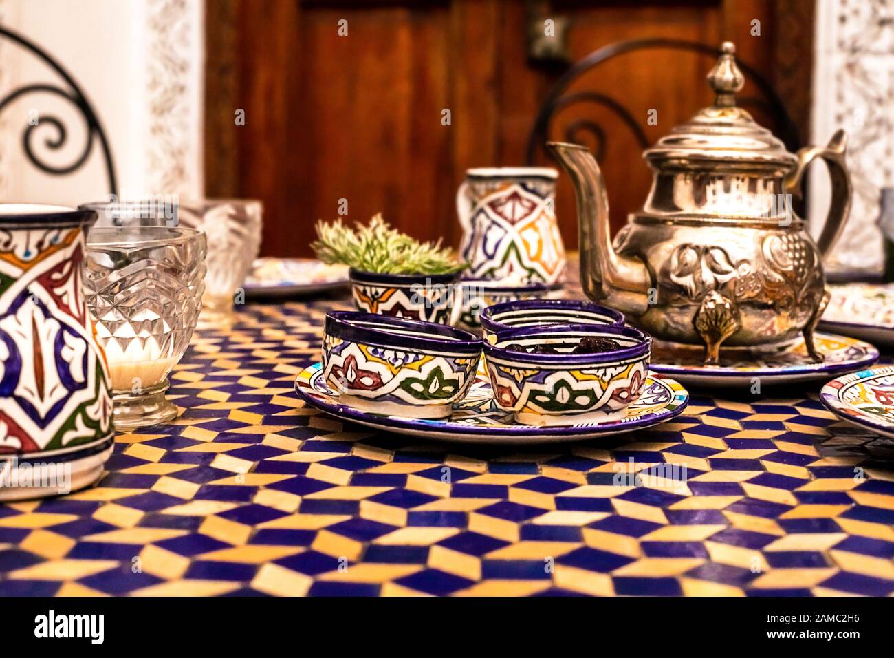 Typical, traditional Moroccan breakfast in a typical Maracan house. Tasty Moroccan style breakfast. Fes, Morocco Stock Photo