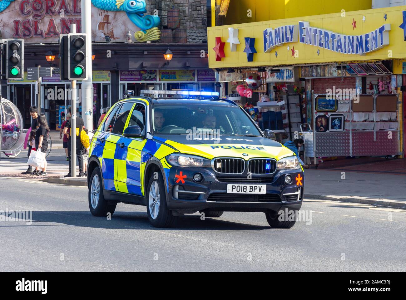 Police car on call, Ocean Boulevard, Promenade, Blackpool, Lancashire, England, United Kingdom Stock Photo
