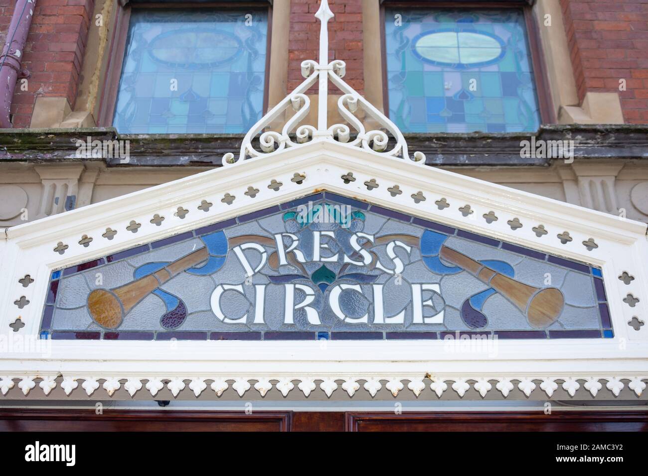 Dress Circle stained-glass sign, Grand Theatre, Church Street, Blackpool, Lancashire, England, United Kingdom Stock Photo