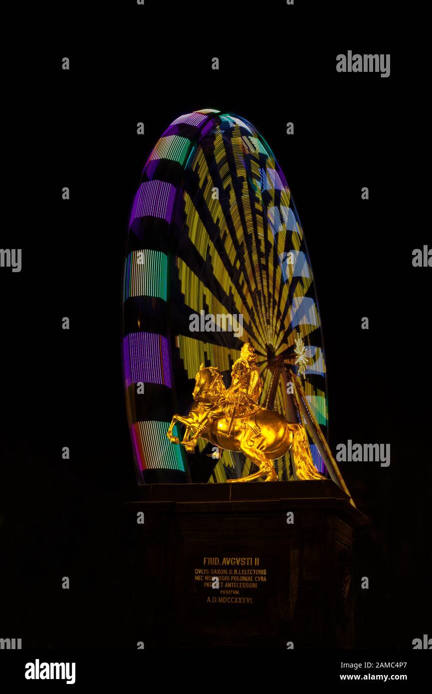 The golden monument to Augustus II the Strong at night Stock Photo