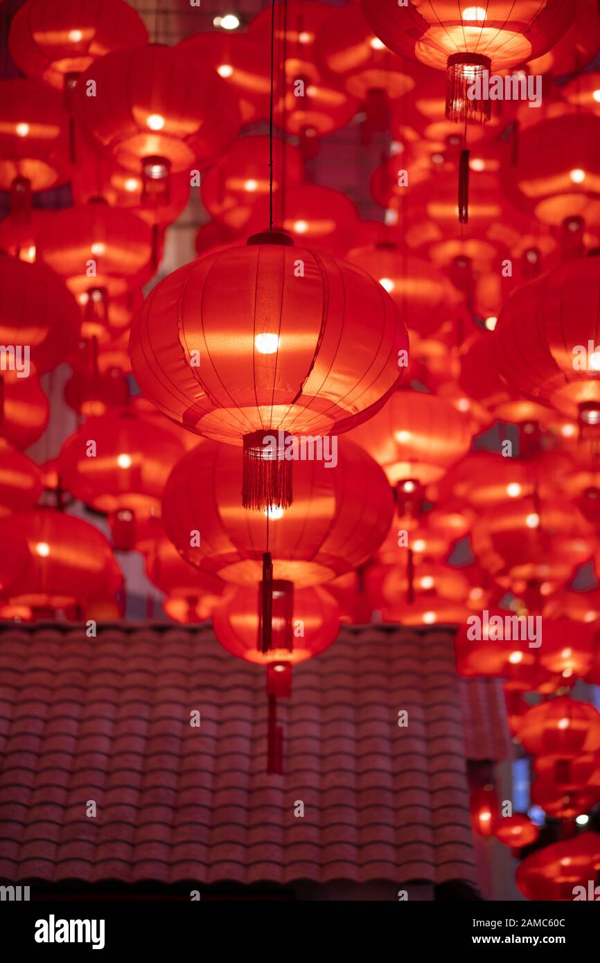 Traditional Red Lanterns Decorated For Chinese New Year Chunjie Cultural Festival In Shanghai Bright Lush Lava Red Background Stock Photo Alamy