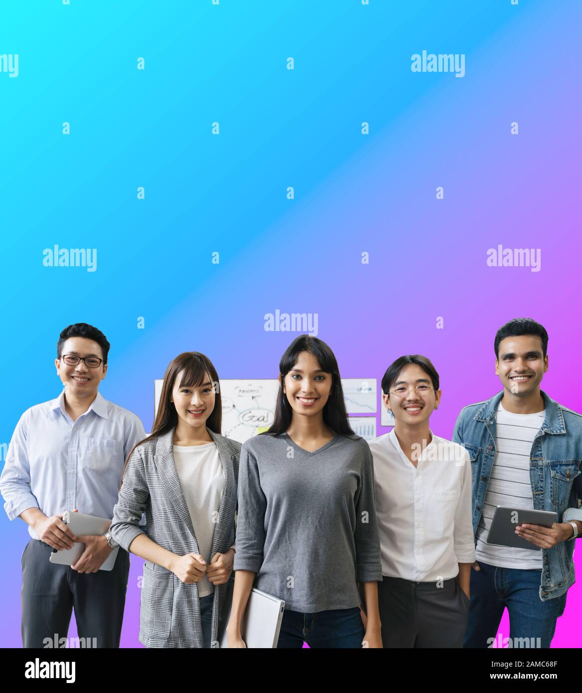 Portrait of Asian creative business team. Hipster Creative Startup Young business people in modern office.isolate with gradient neon blue purple backg Stock Photo