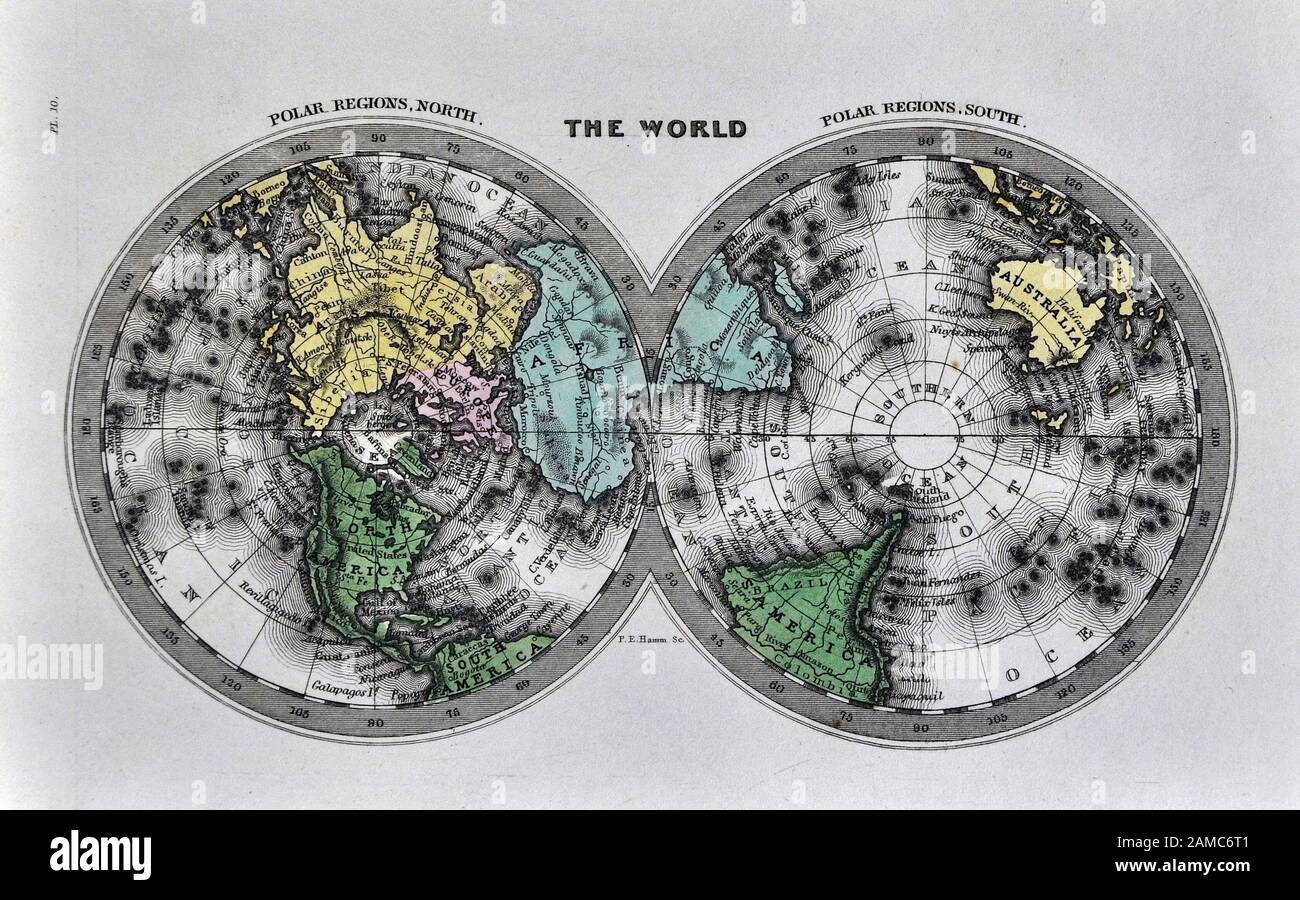 1834 Carey World Map Polar Projections Arctic North Pole Antarctica Stock Photo