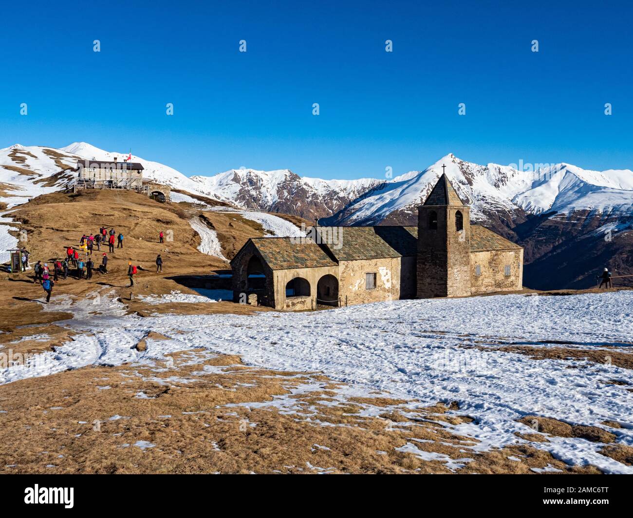 Old church in San Lucio Pass between Italian and Switzerland alps Stock Photo