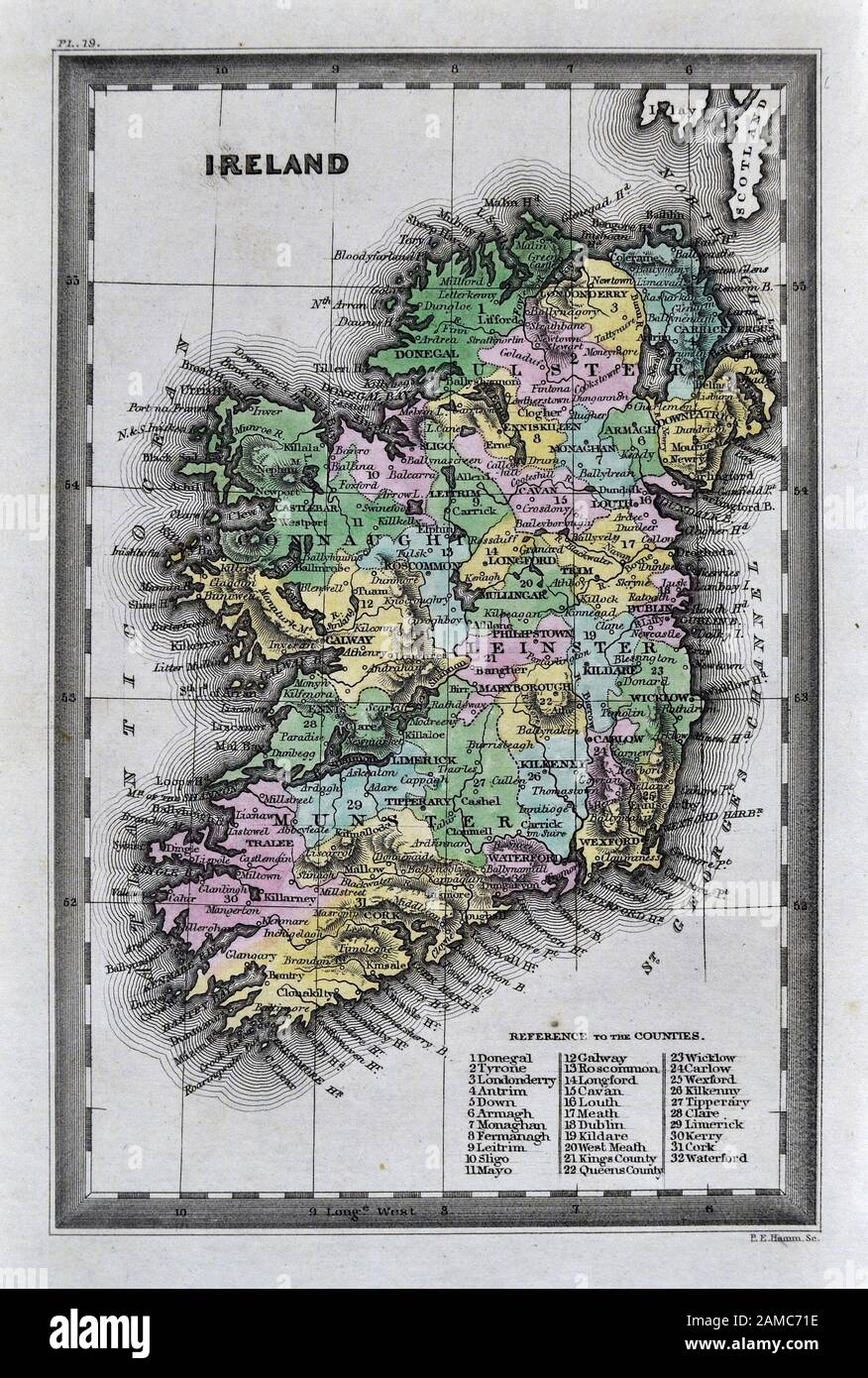 1834 Carey Map of Ireland Dublin Limmerick Galway Londonderry Belfast Stock Photo