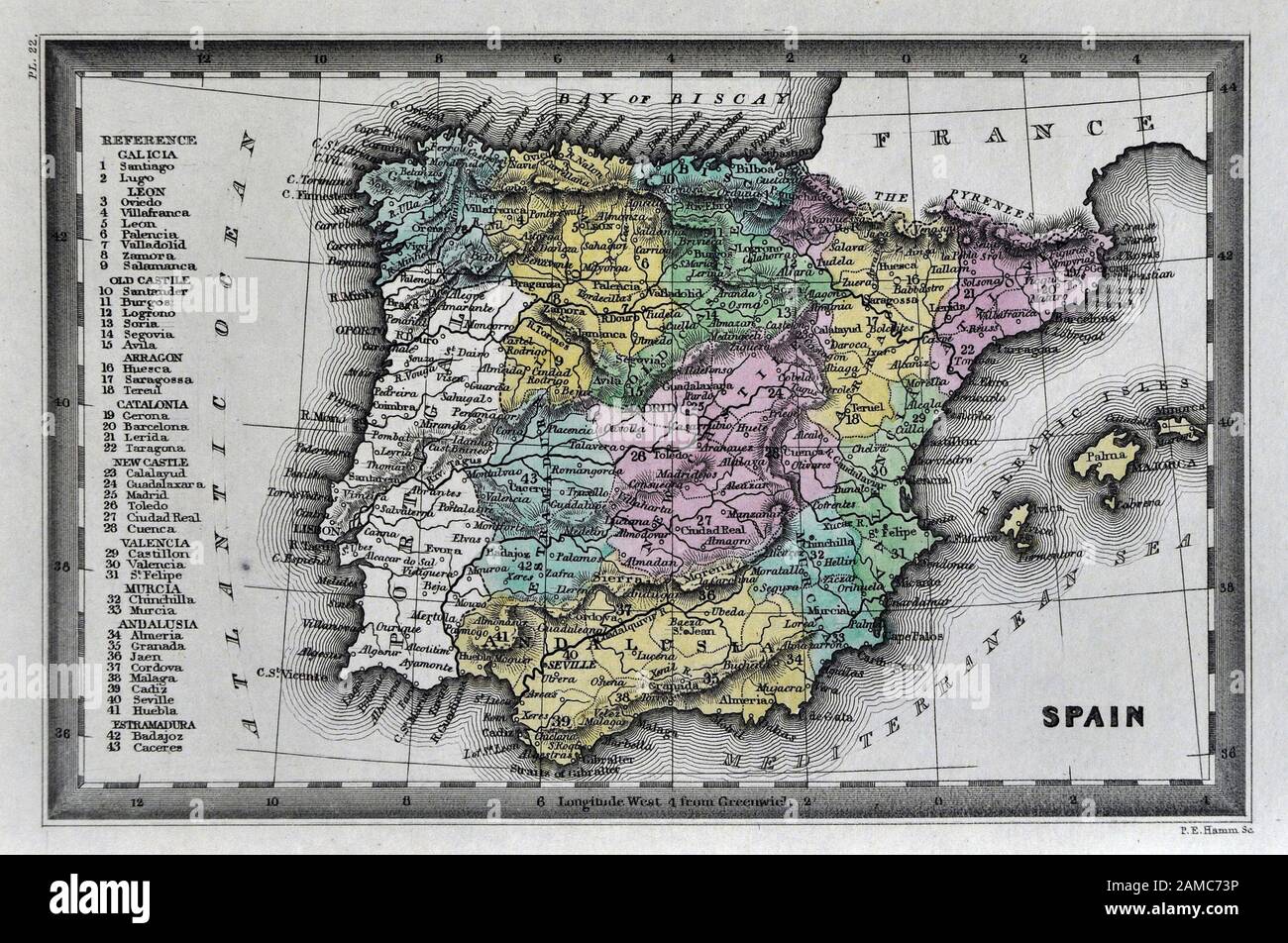 1834 Carey Map of Spain & Portugal Madrid Barcelona Toledo Lisbon Stock Photo