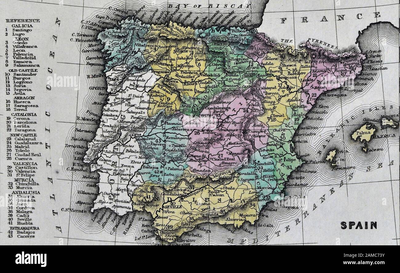 1834 Carey Map of Spain & Portugal Madrid Barcelona Toledo Lisbon Stock Photo