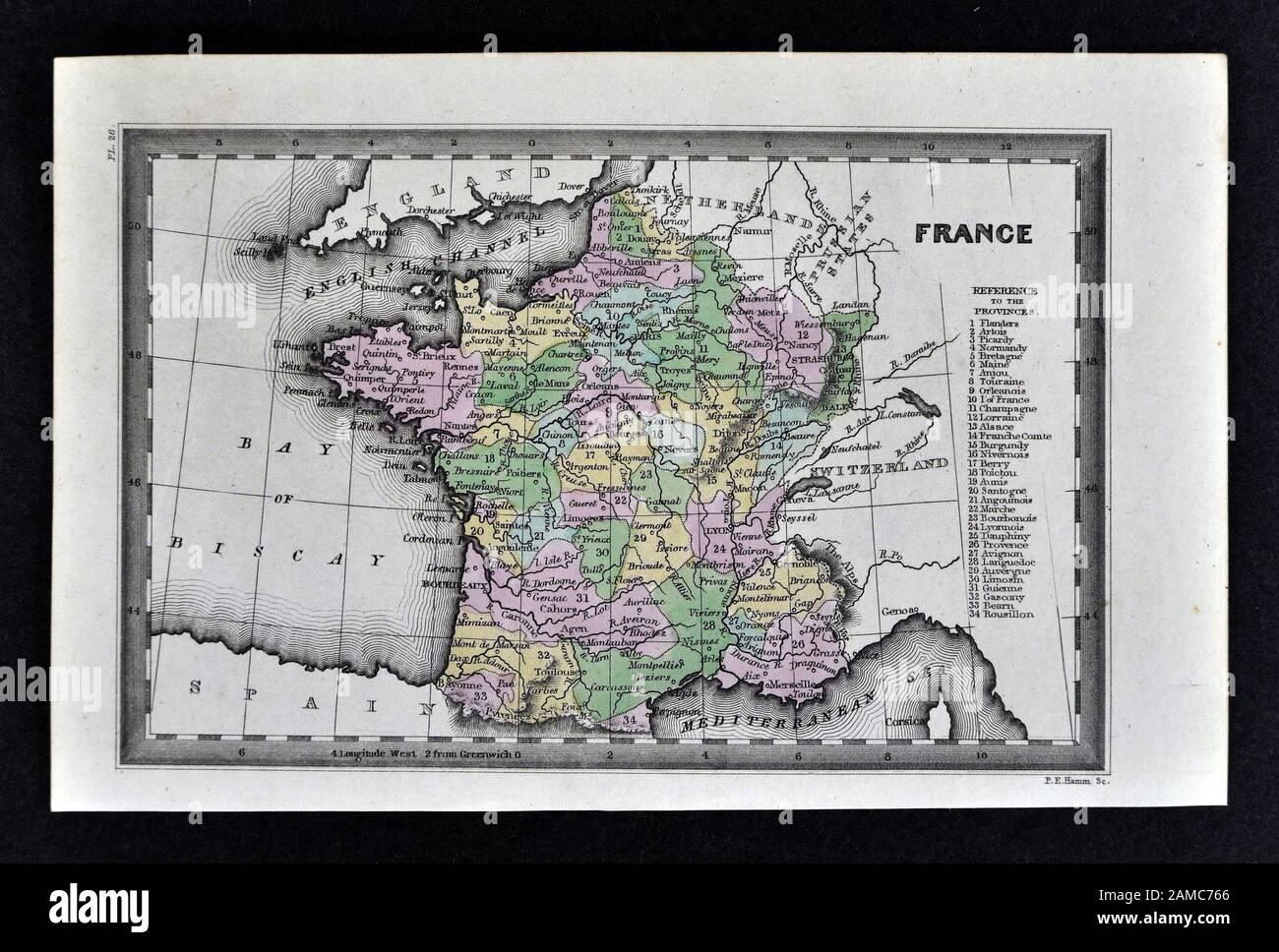 1834 Carey Map of France in Provinces Paris Laon Marseilles Stock Photo