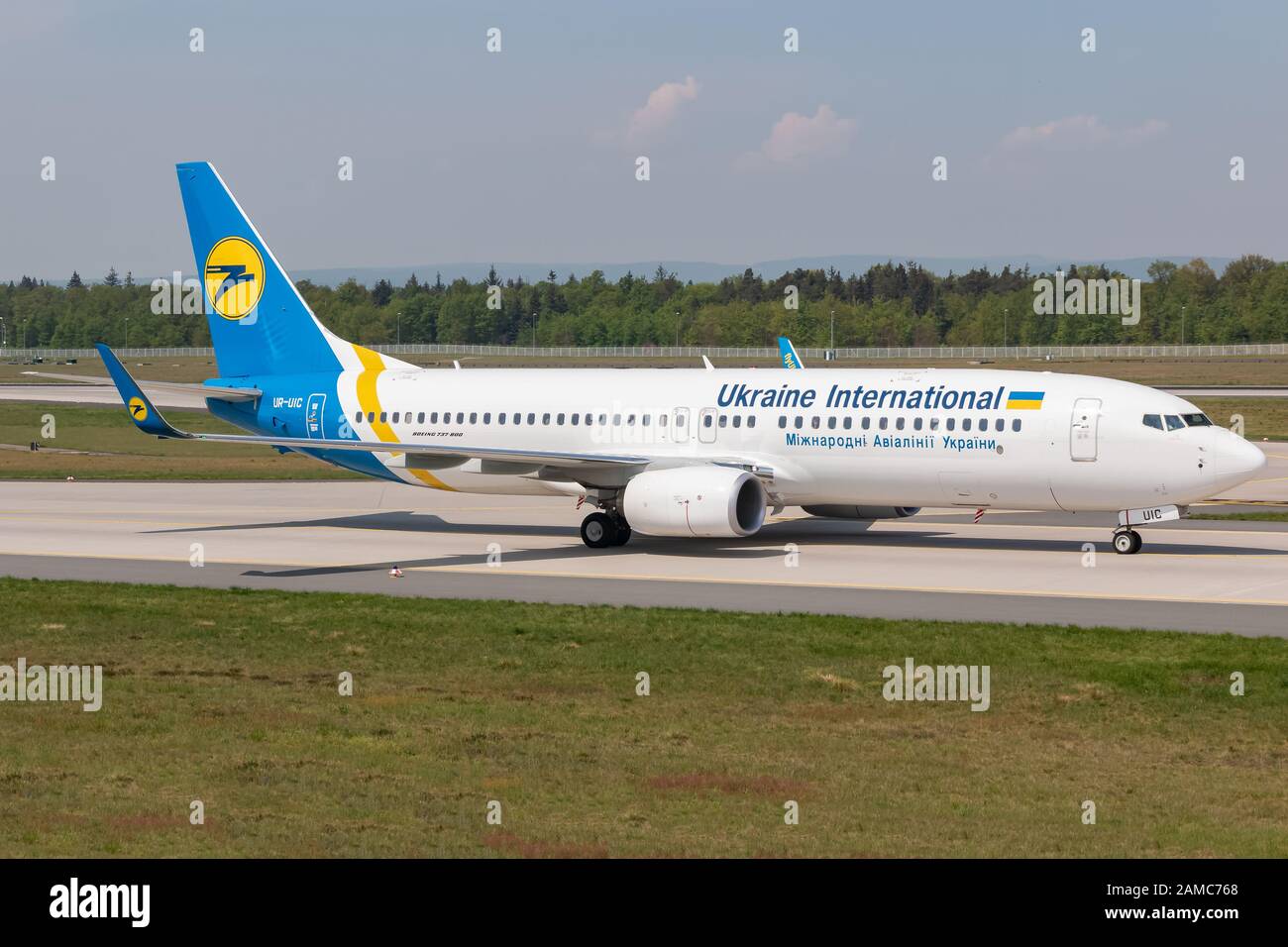 Frankfurt, Germany - April 22, 2018: Ukraine International Boeing 737 airplane at Frankfurt airport (FRA) in the Germany. Boeing is an aircraft manufa Stock Photo