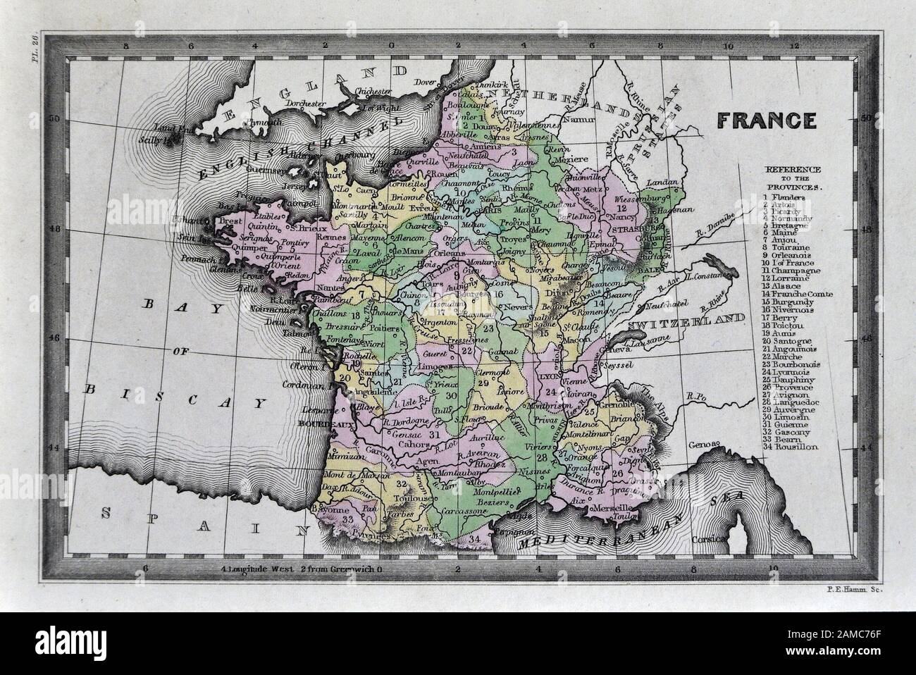 1834 Carey Map of France in Provinces Paris Laon Marseilles Stock Photo