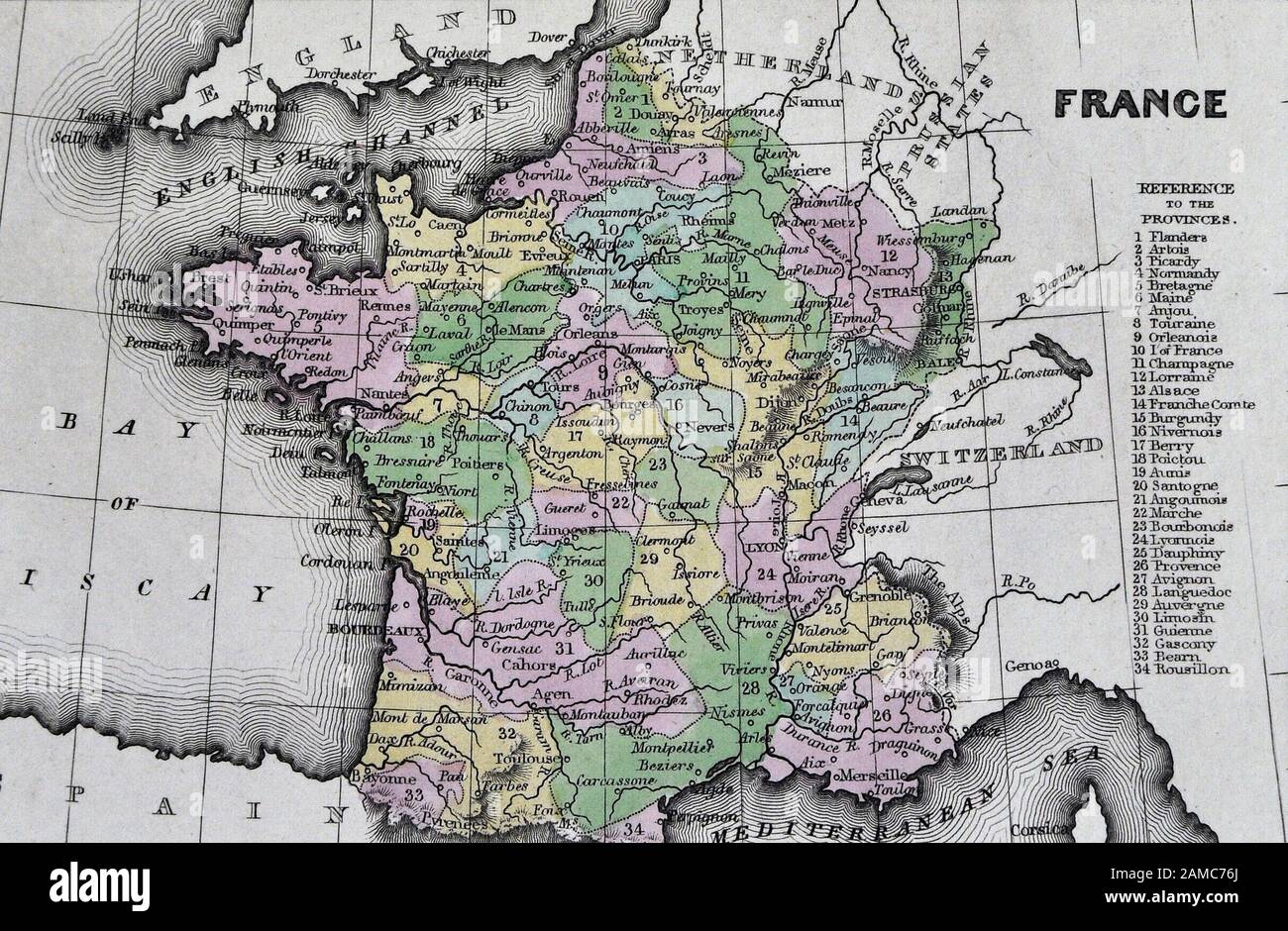 1834 Carey Map of France in Provinces Paris Laon Marseilles Stock Photo