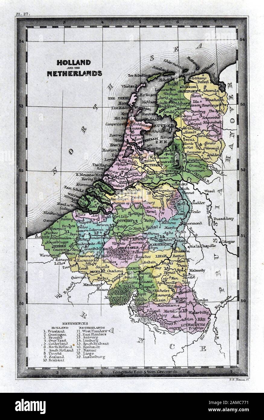 1834 Carey Map of the Netherlands showing Holland, Belgium and Luxembourg Stock Photo