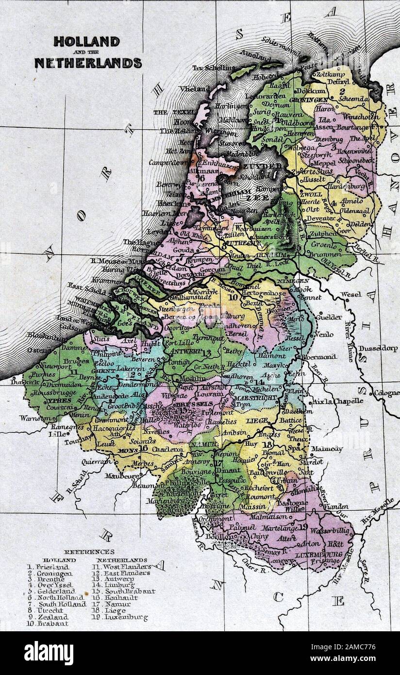1834 Carey Map of the Netherlands showing Holland, Belgium and Luxembourg Stock Photo