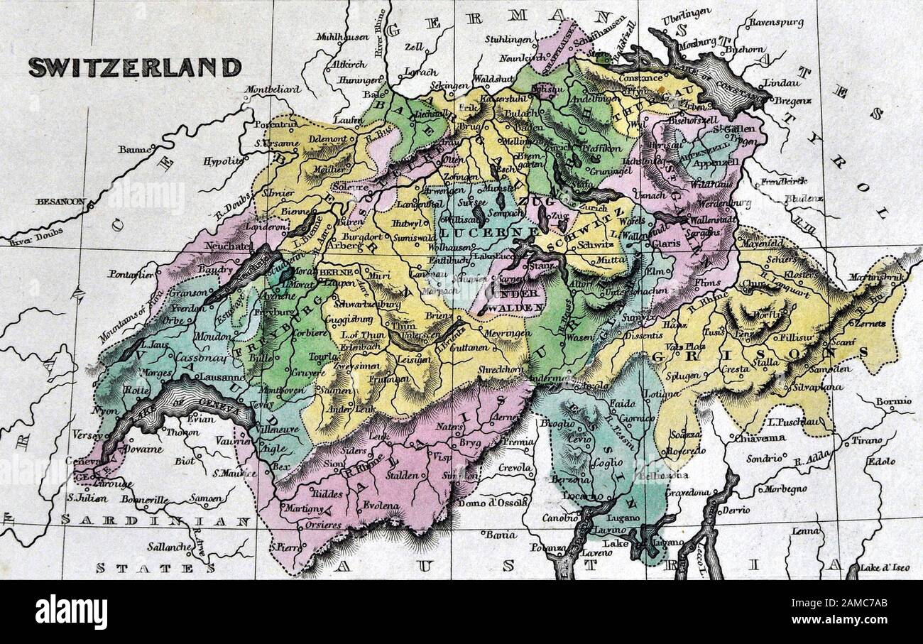1834 Carey Map of Switzerland Geneva Lucerne Zurich Berne Swiss Alps Stock Photo