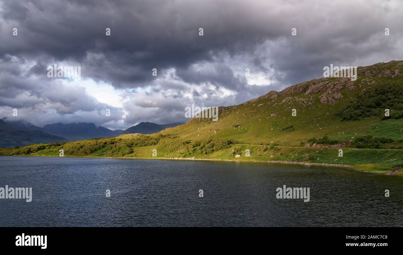 Ob Mheallaidh & Aird a' Mheallaidh, Upper Loch Torridon with Beinn Dearg (914M in clouds) and  Sgorr a' Chadail (701M centre), Torridon Forest, Wester Stock Photo