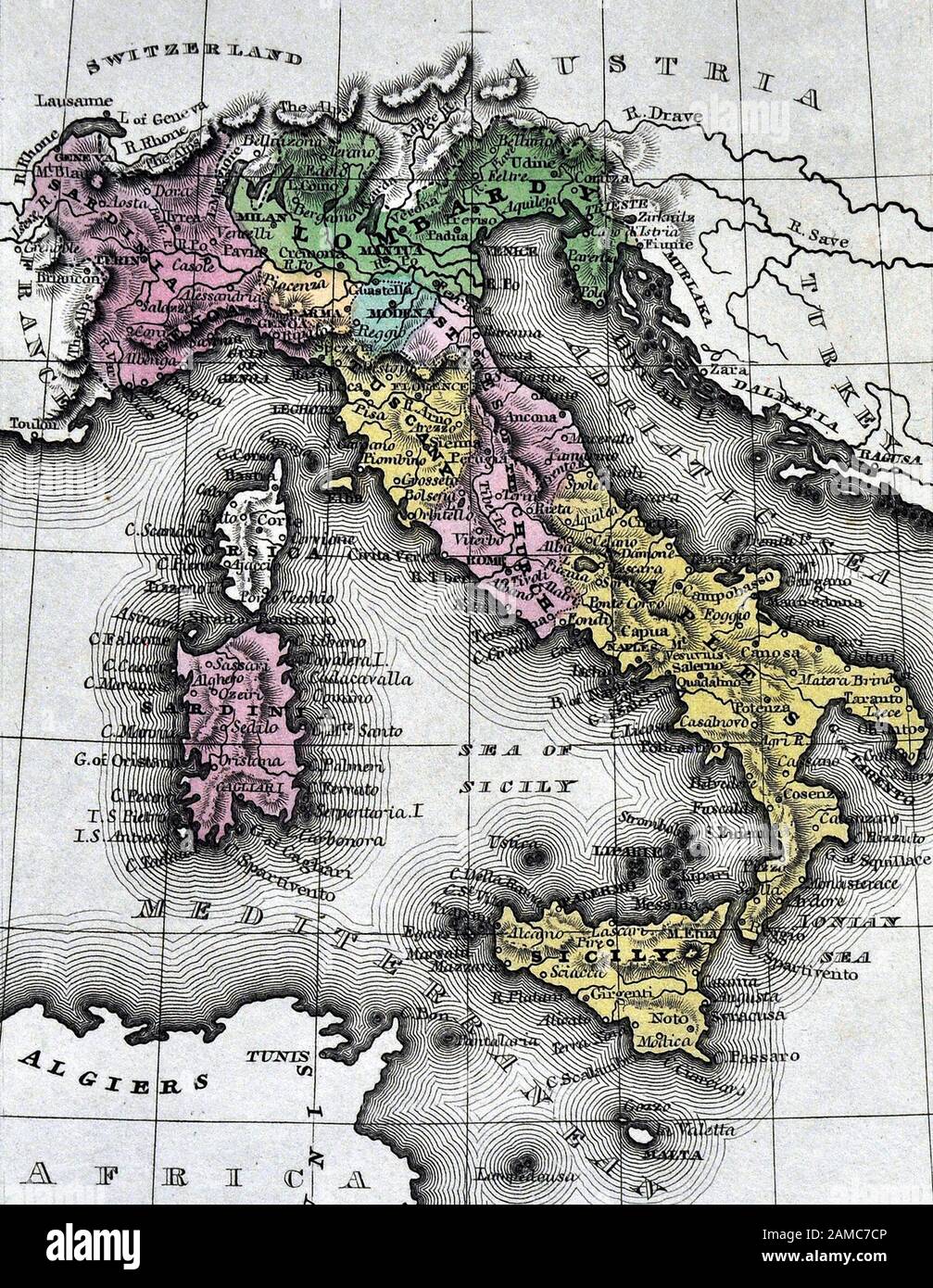 1834 Carey Map of Italy Rome Florence Naples Venice Sicily Stock Photo