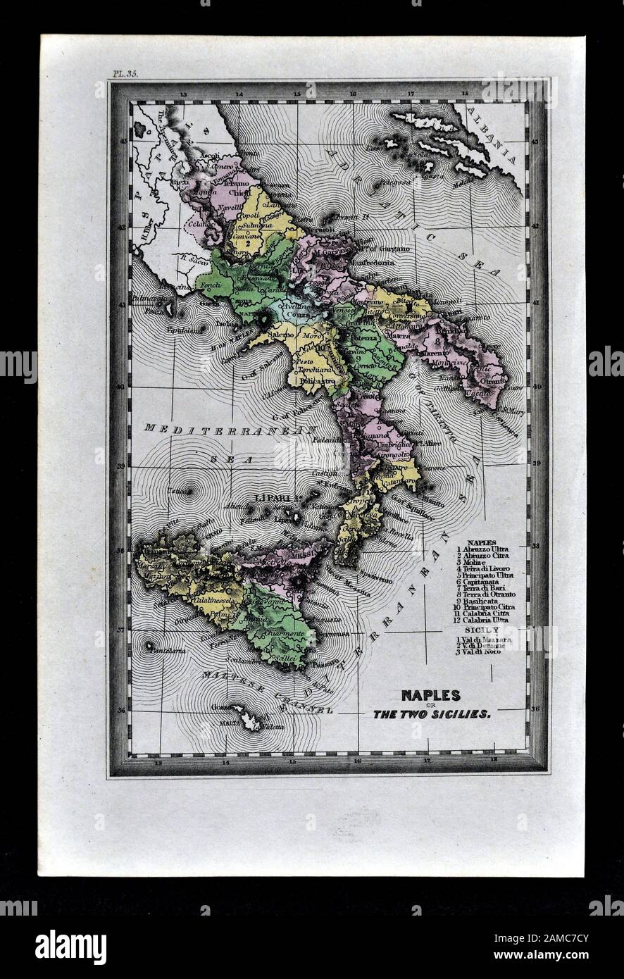 1834 Carey Map of South Italy Naples Sicily Palermo Syracuse Mesina Stock Photo