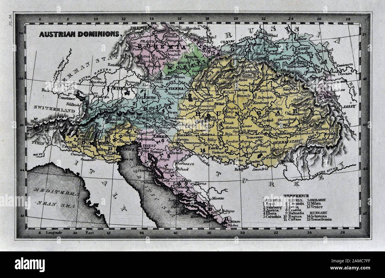 1834 Carey Map of Austria Hungary Empire Vienna Budapest Europe Stock Photo