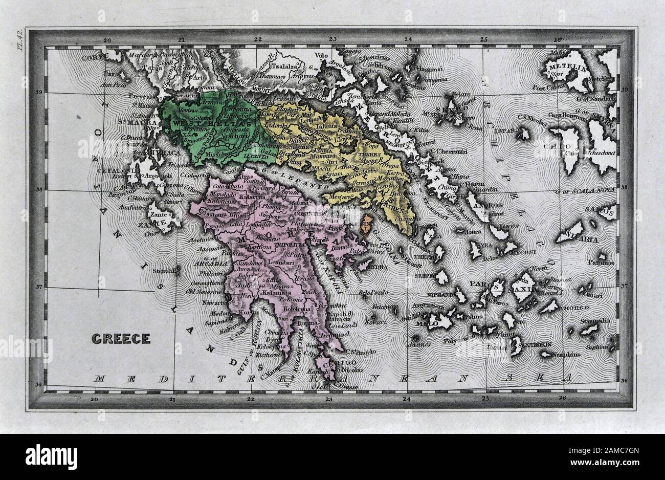 1834 Carey Map of Greece Athens Sparta Delphi Cyclades Stock Photo